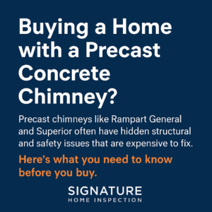 Informational graphic warning homebuyers about potential structural and safety issues with precast concrete chimneys like Rampart General and Superior.