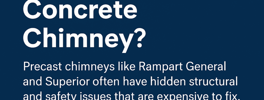 Informational graphic warning homebuyers about potential structural and safety issues with precast concrete chimneys like Rampart General and Superior.